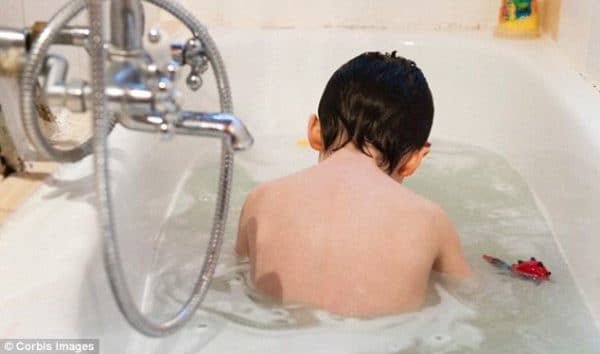 children bathing hot water
